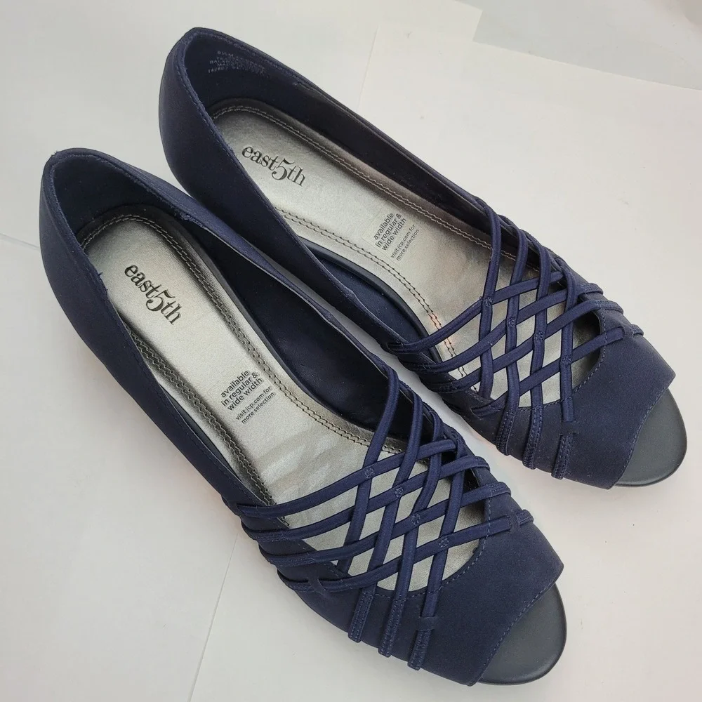 East‎ 5th Grace Wedge 024-2842 Navy Blue Strappy Peep Toe Low Heel Sandals 9.5M